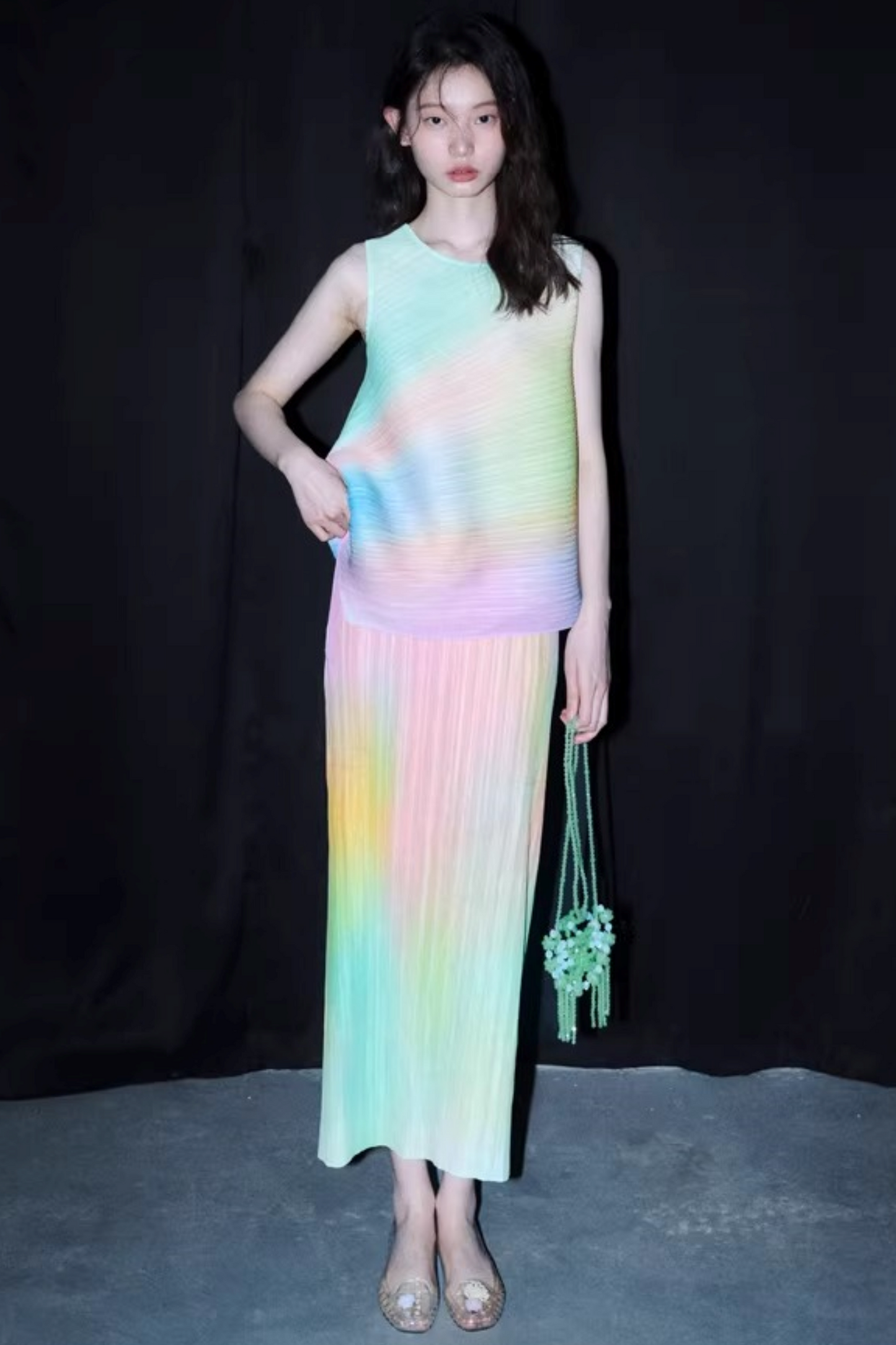 Rainbow Gradient Pleated Vest Set-Up
