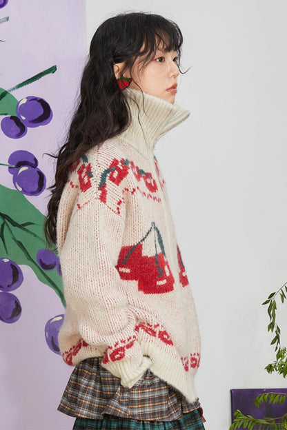 Retro Cherry Jacquard Wool Cardigan