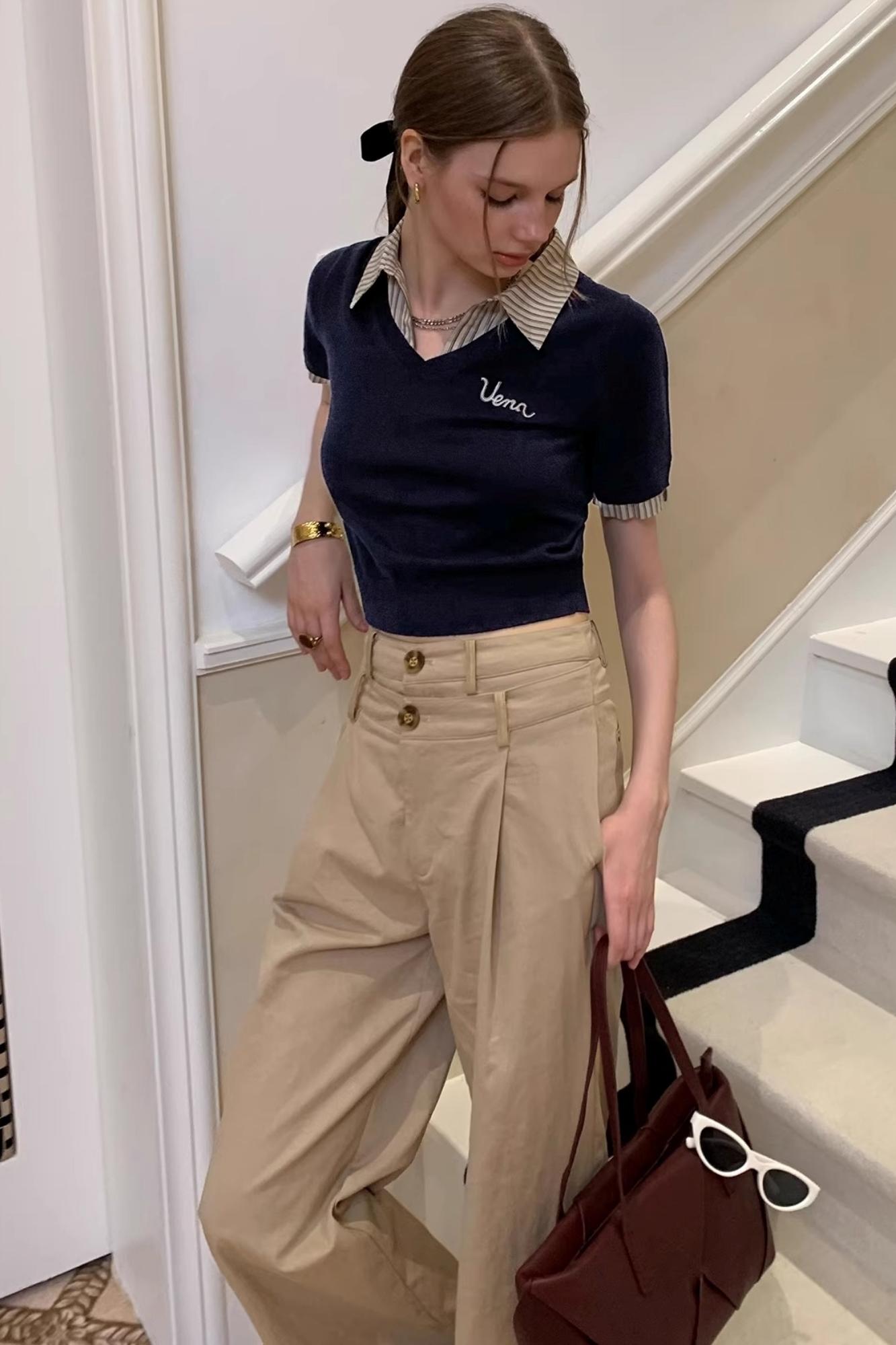 Embroidered Striped Collar Fake Two Piece T-Shirt