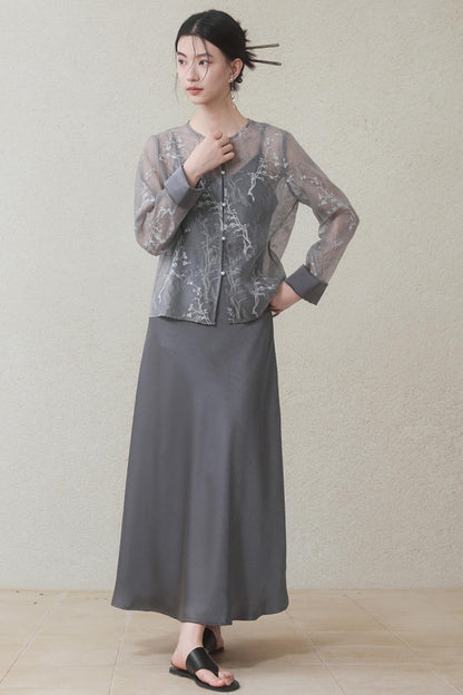 Plum Blossom Cardigan & Satin Dress Set