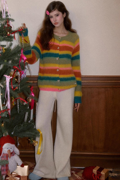 Fleece Rainbow Stripe Cardigan