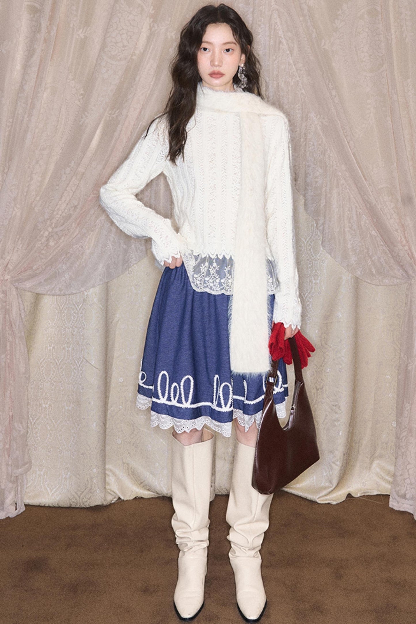 Embroidered Patchwork Denim A-Line Skirt