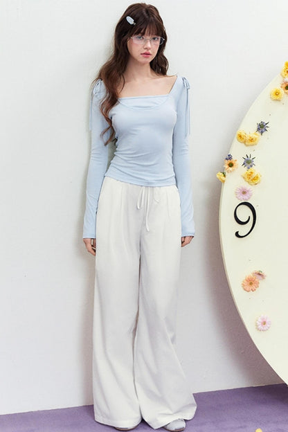 Korean Slim Tie Shoulder Top