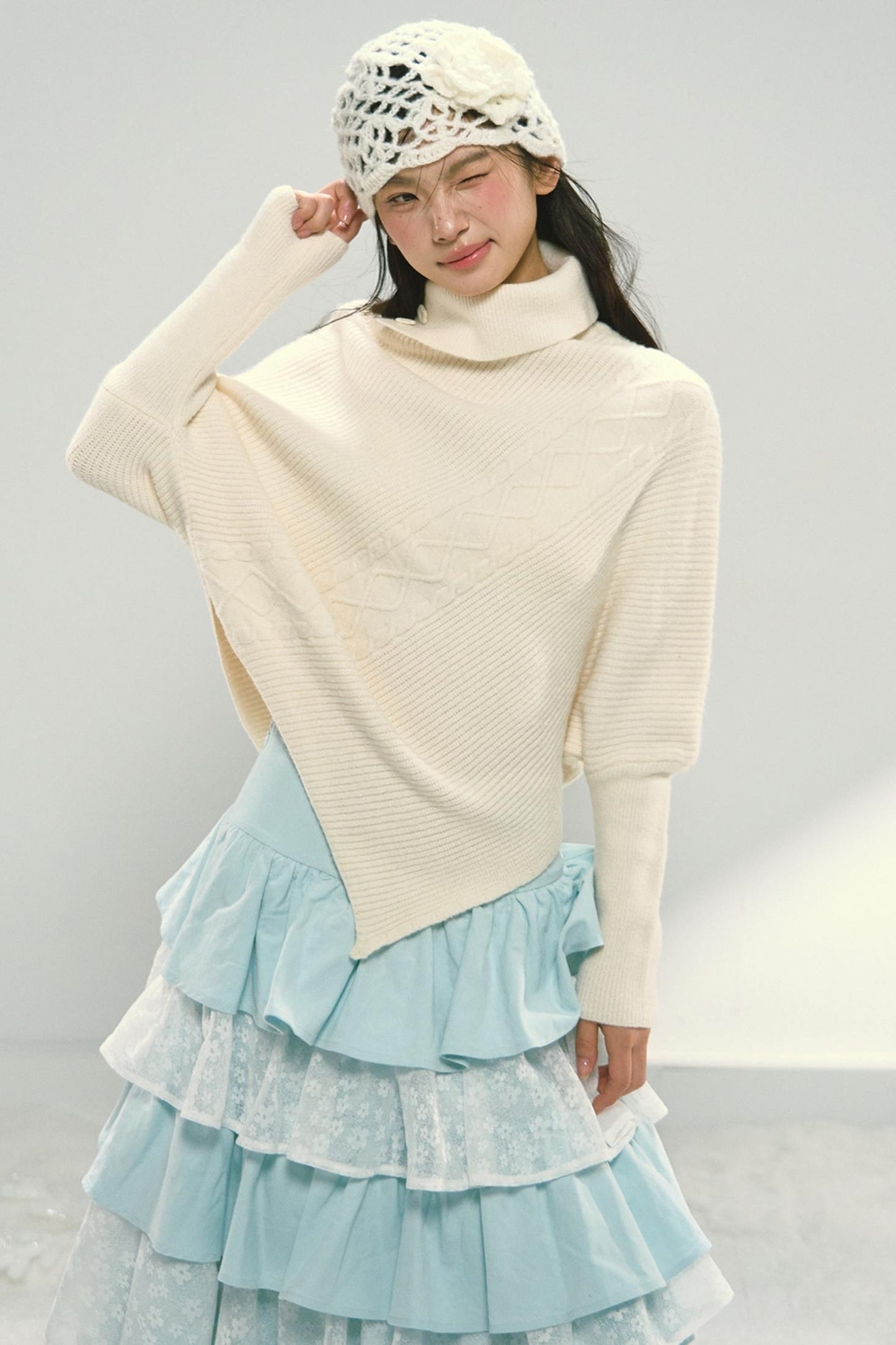 Asymmetrical Hem Bat Sleeve Cape Top