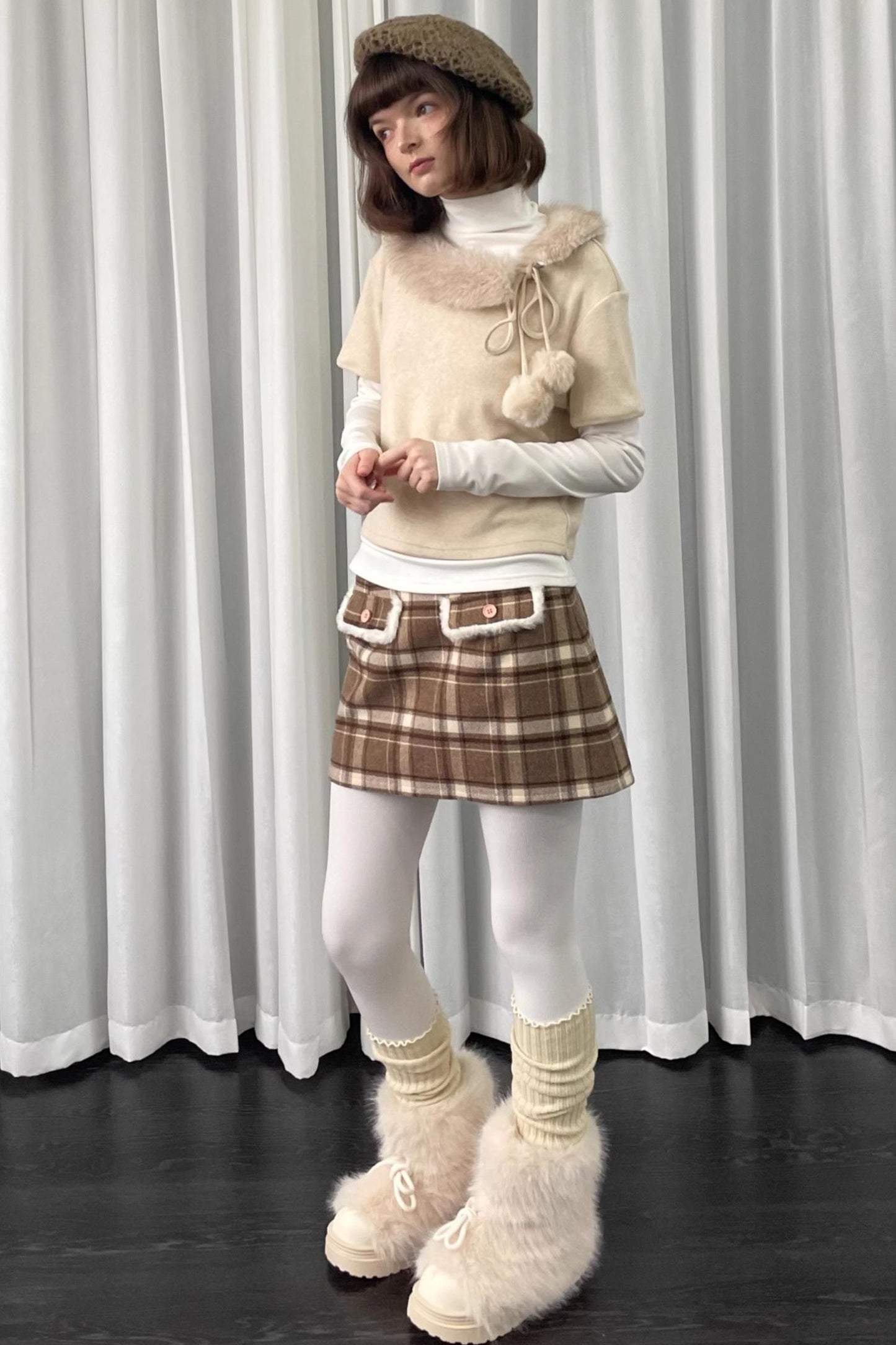 Beige Fur Collar Layered Top