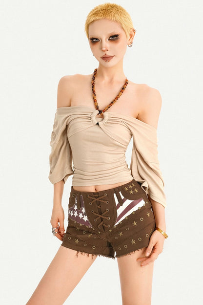 Blusa rétro plissettata con scollo all'americana