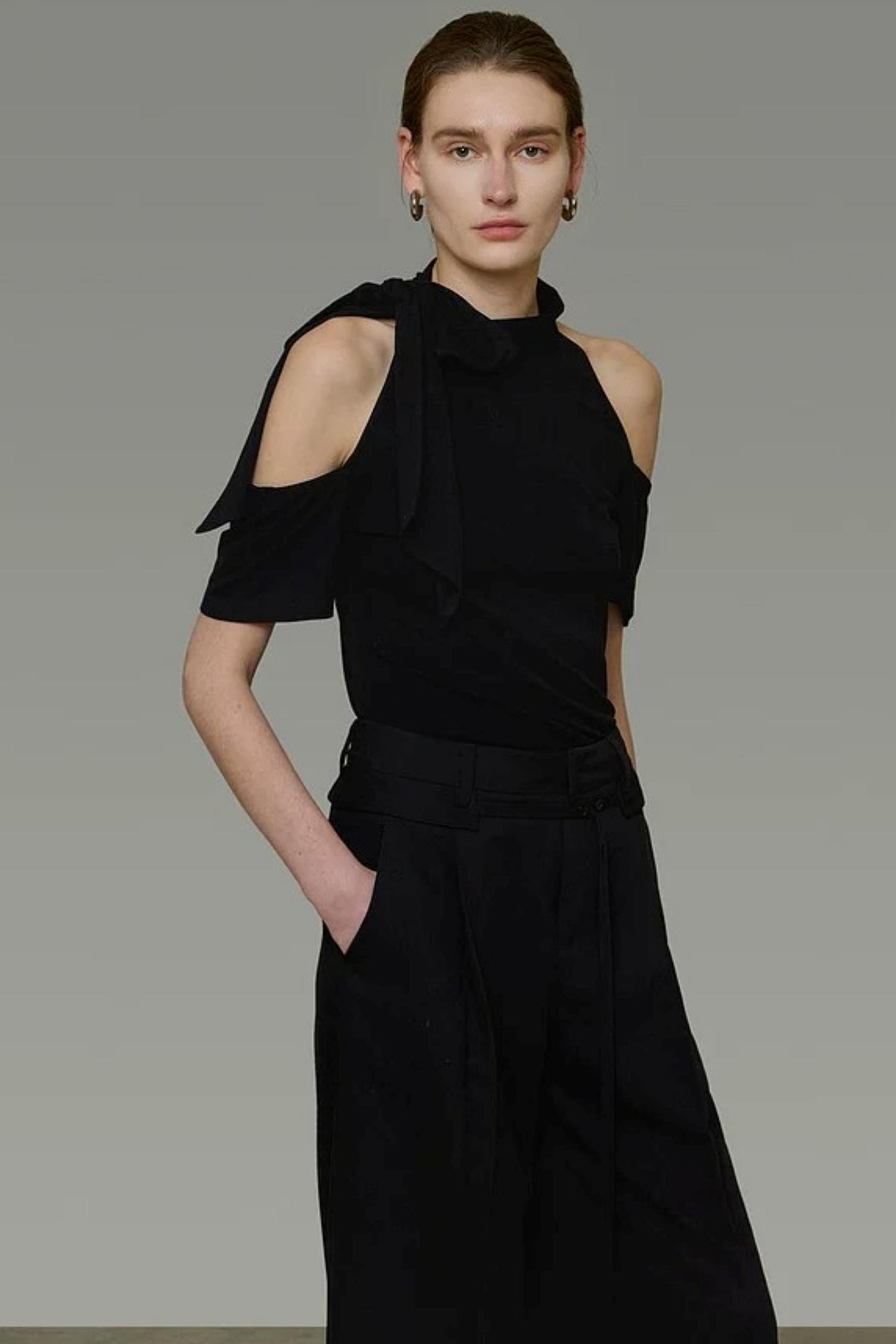 Black Knit Shoulder-Cut Top