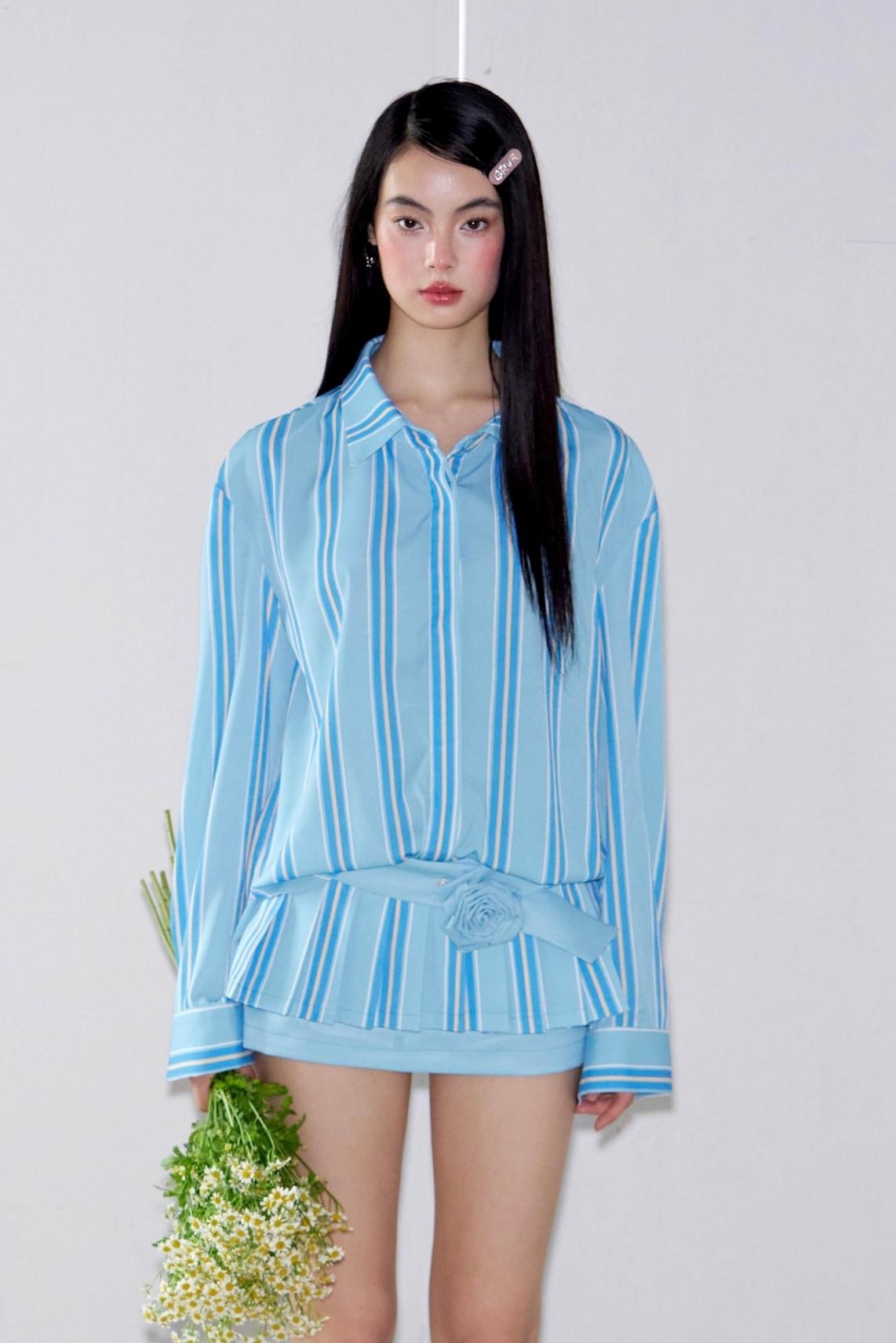 Retro Striped Shirt And Pleated Skirt Set-Up