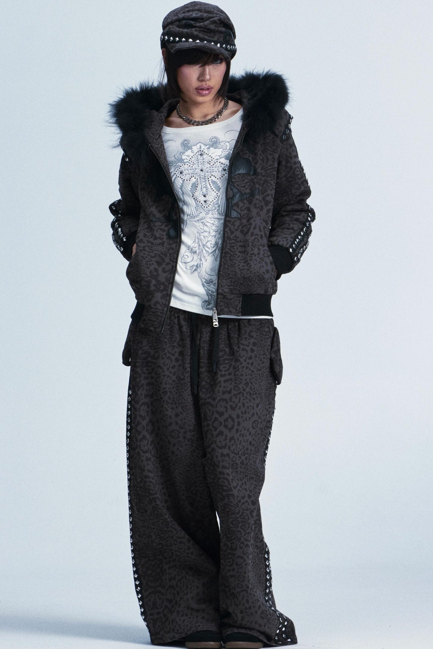 Leopard Print Plush Hooded Jacket Set-Up