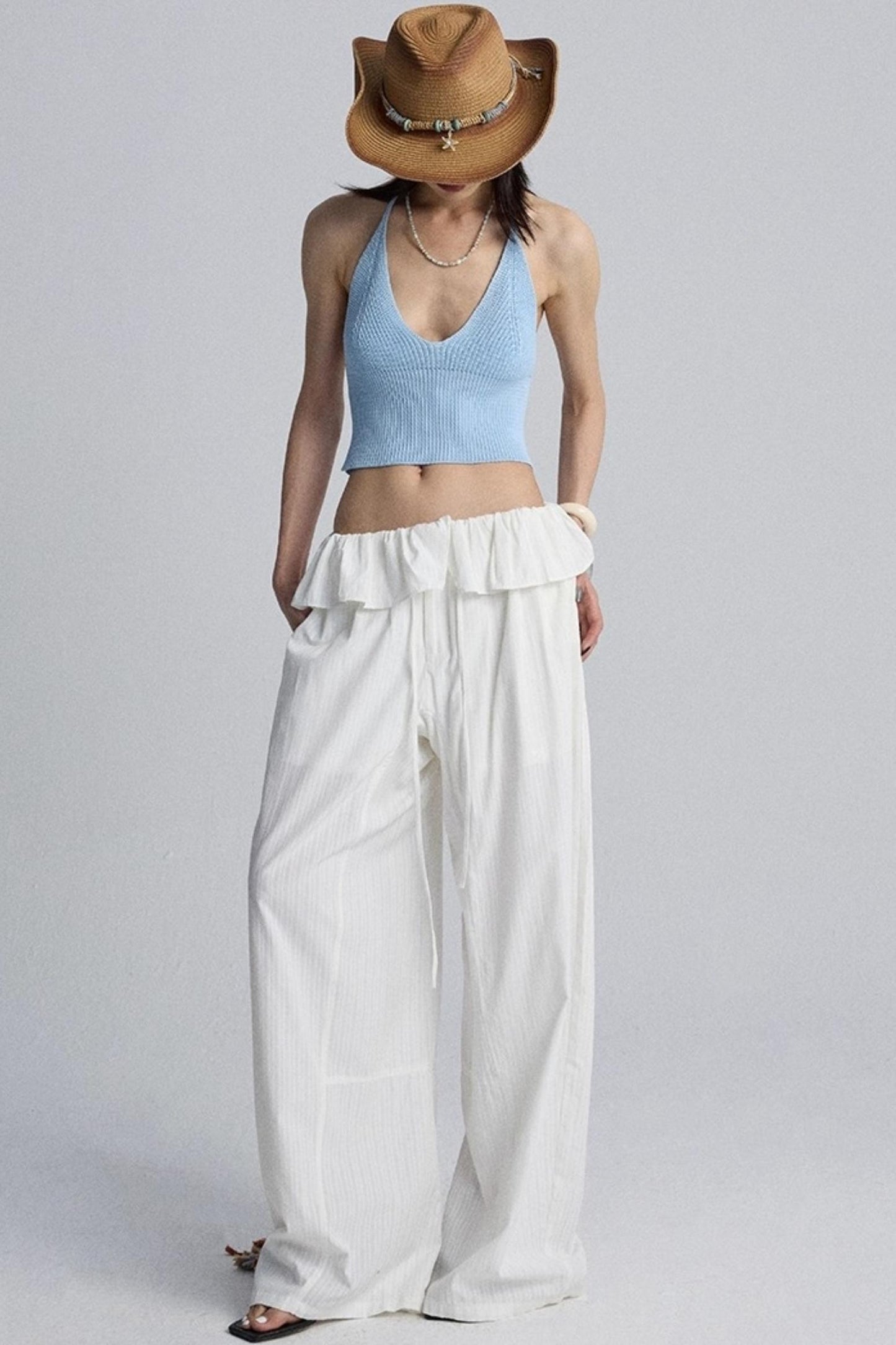 White Lace Drawstring Wide-Leg Pants