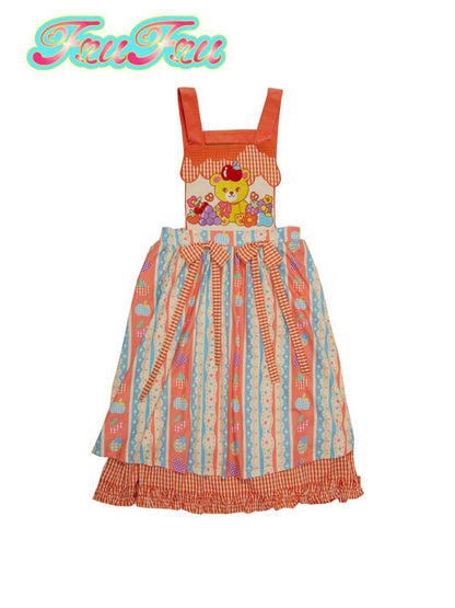 Cartoon Bear Plaid Splicing Embroidered Apron Dress