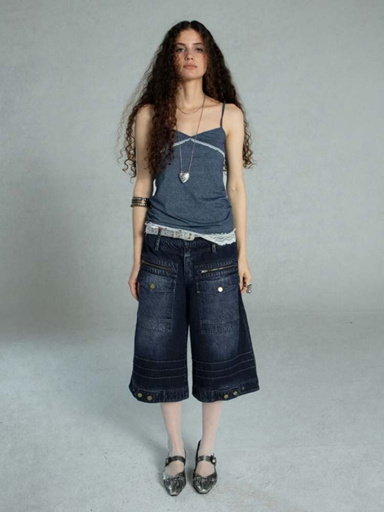 Damage Processing Big Pocket Cropped Denim Pants