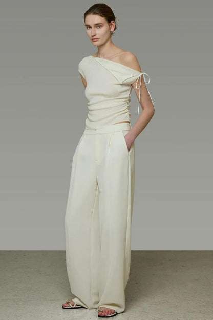 Off-White Pleated Wide-Leg Pants