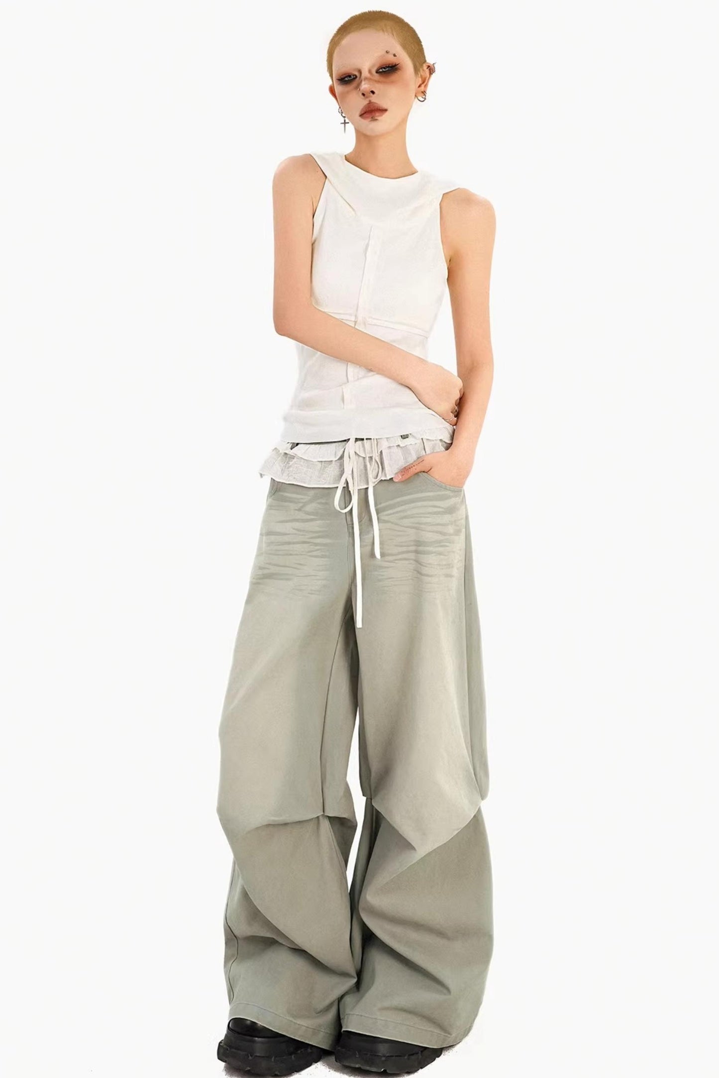 Lace Drawstring Wide-Leg Pants