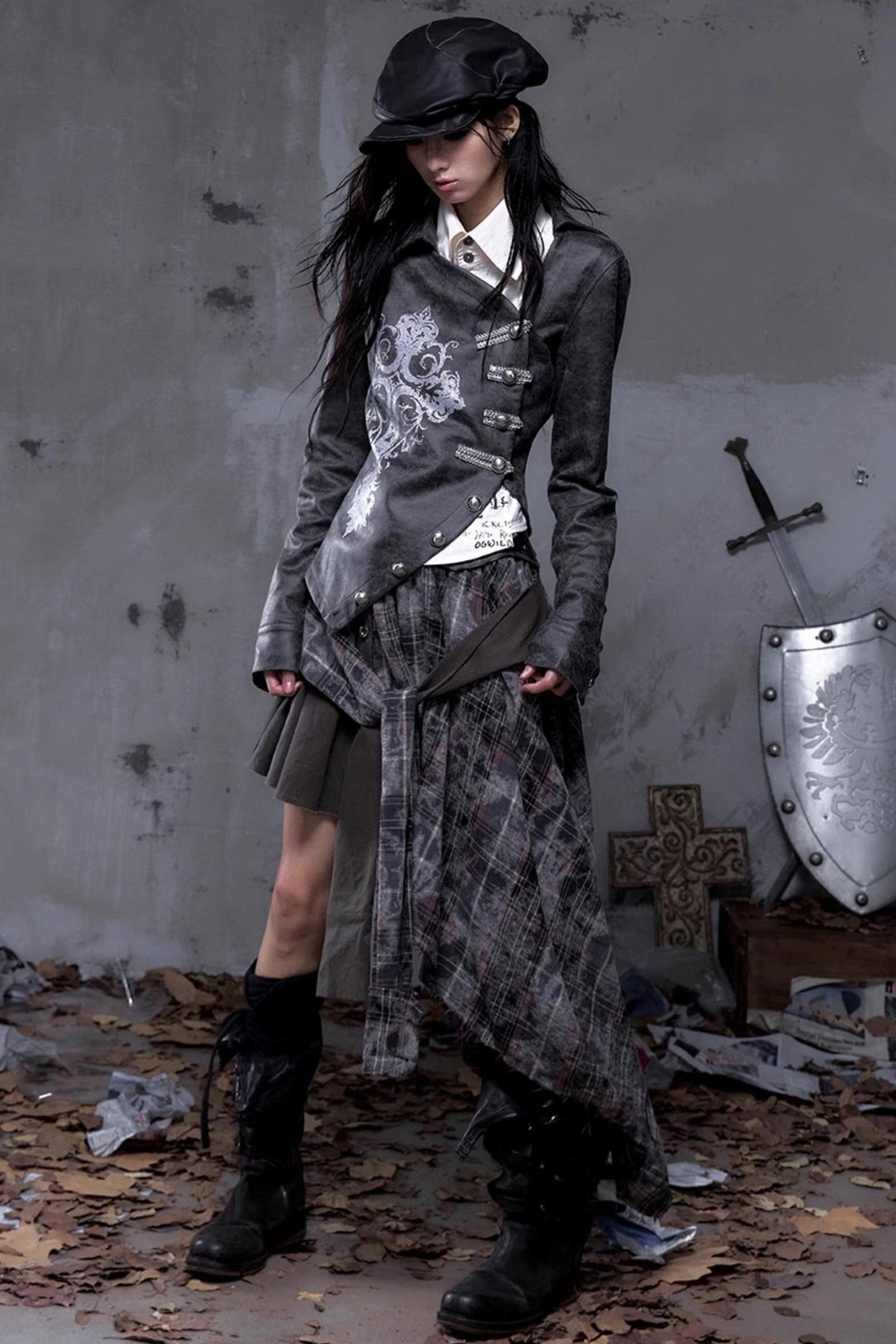 Vintage Slanted Placket Printed Leather Shirt