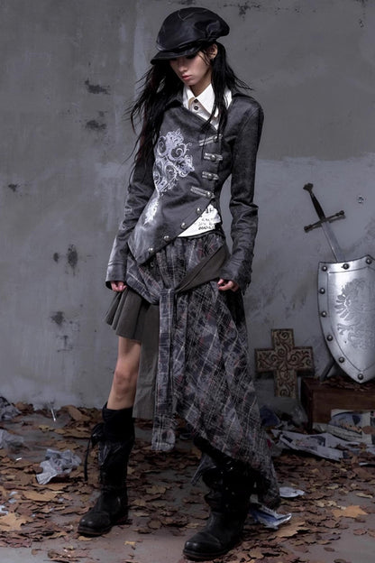 Vintage Slanted Placket Printed Leather Shirt