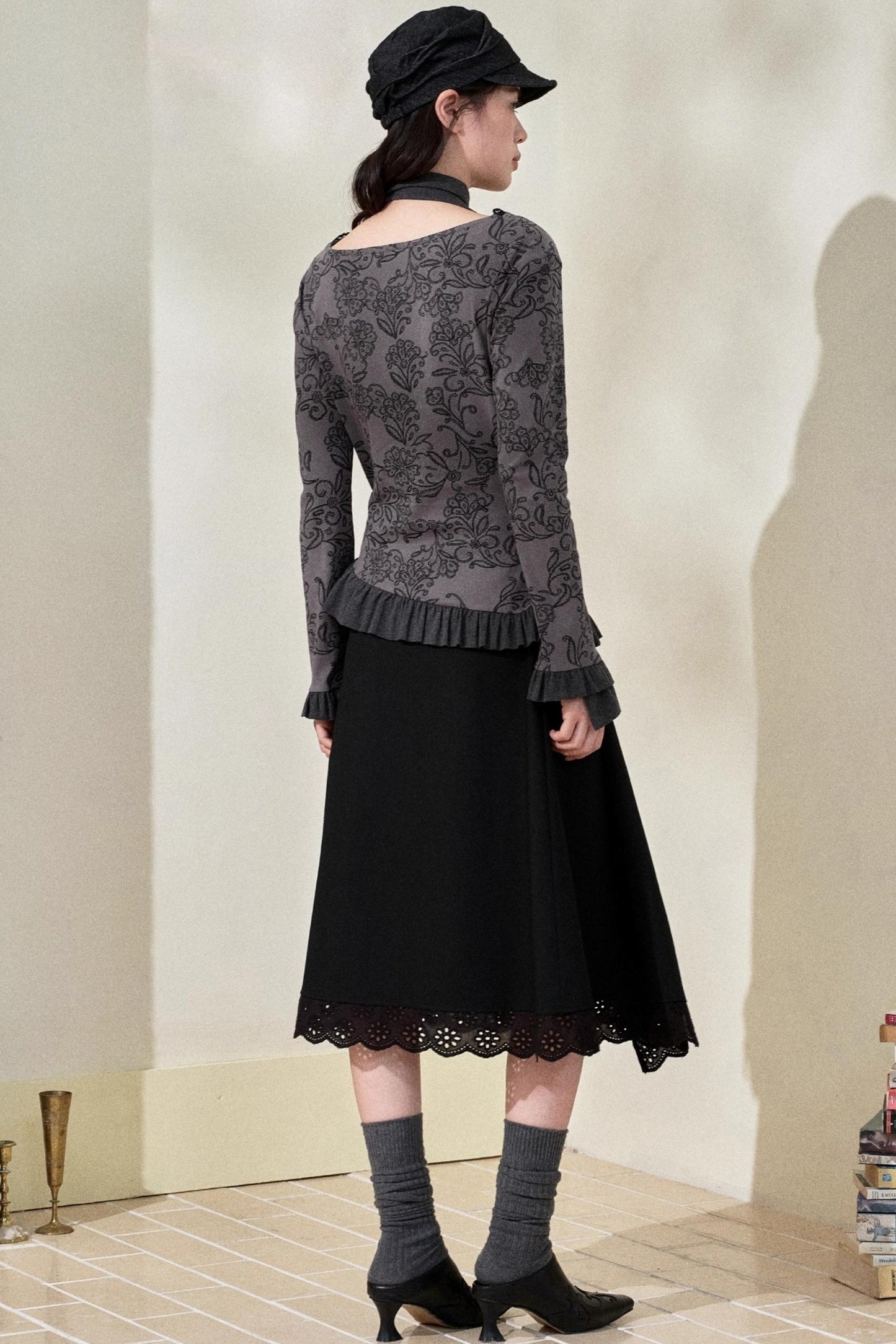 Swing Collar Ruffled Floral Lace Top