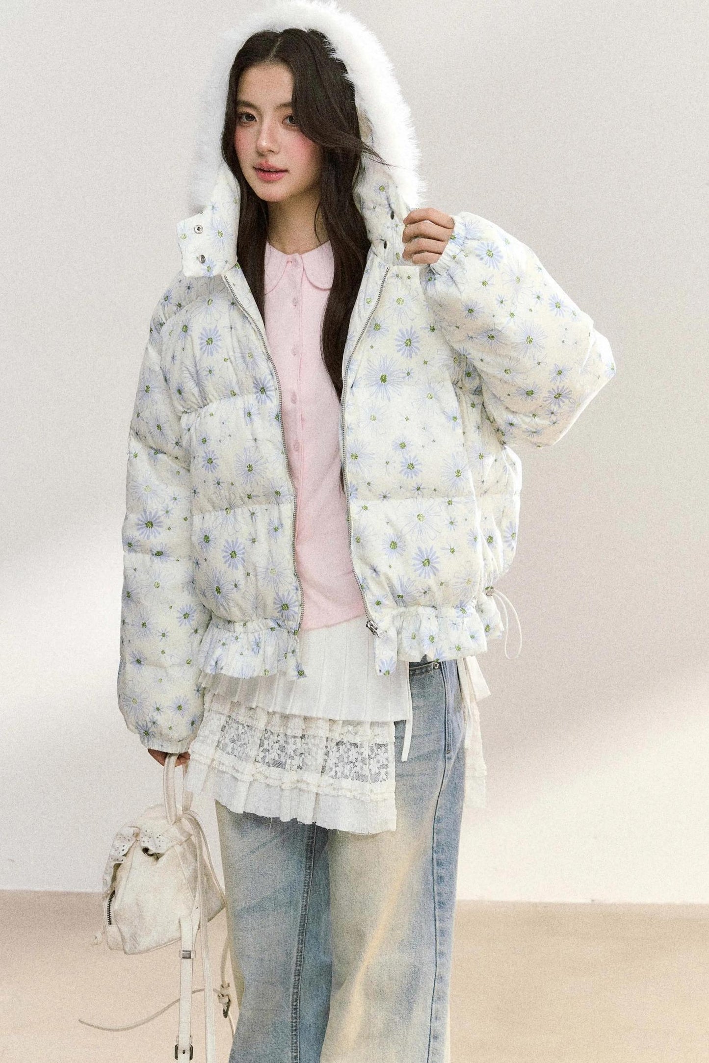 Fur Collar Daisy Print Jacket