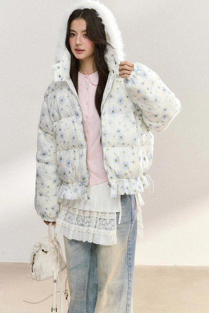 Fur Collar Daisy Print Jacket