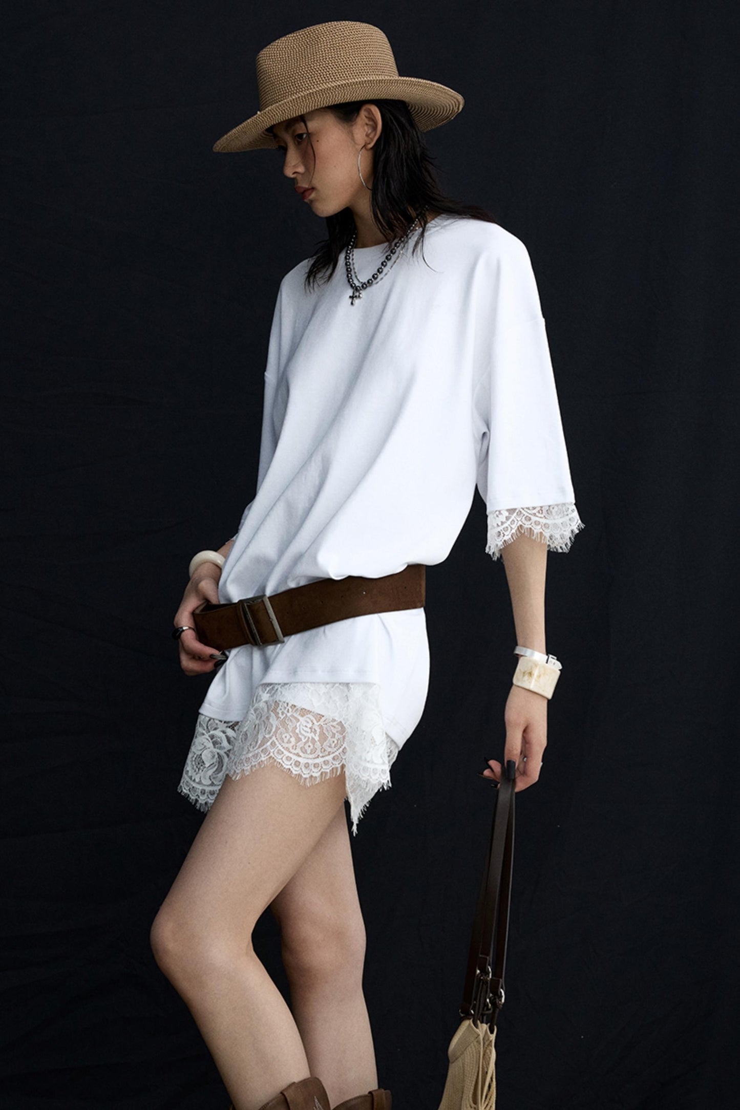 Patchwork Lace Crew Neck Long Top