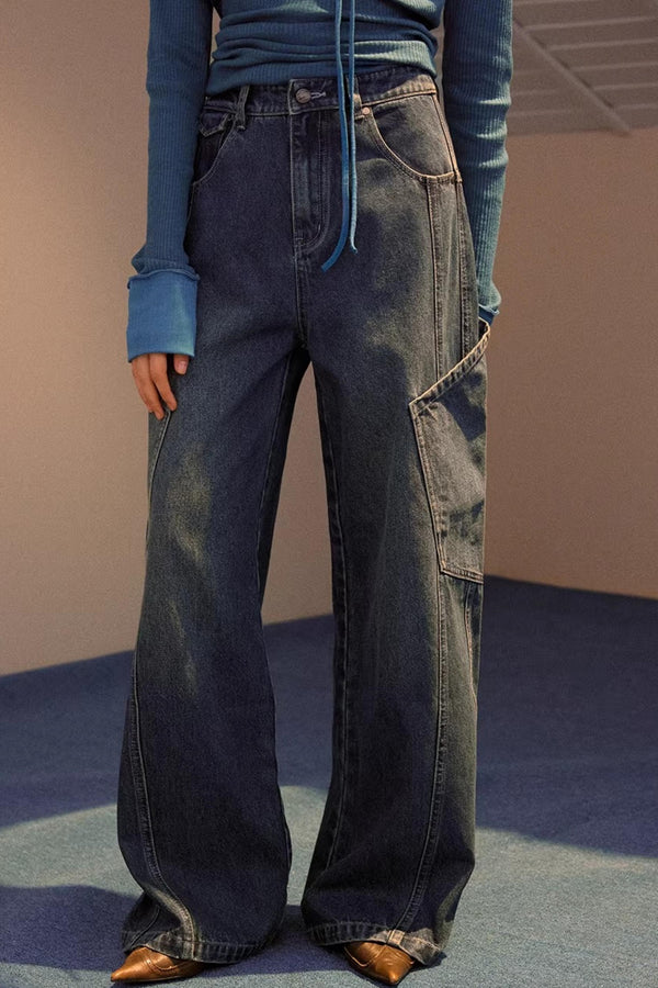 Wide-Leg Diagonal Pocket Jeans
