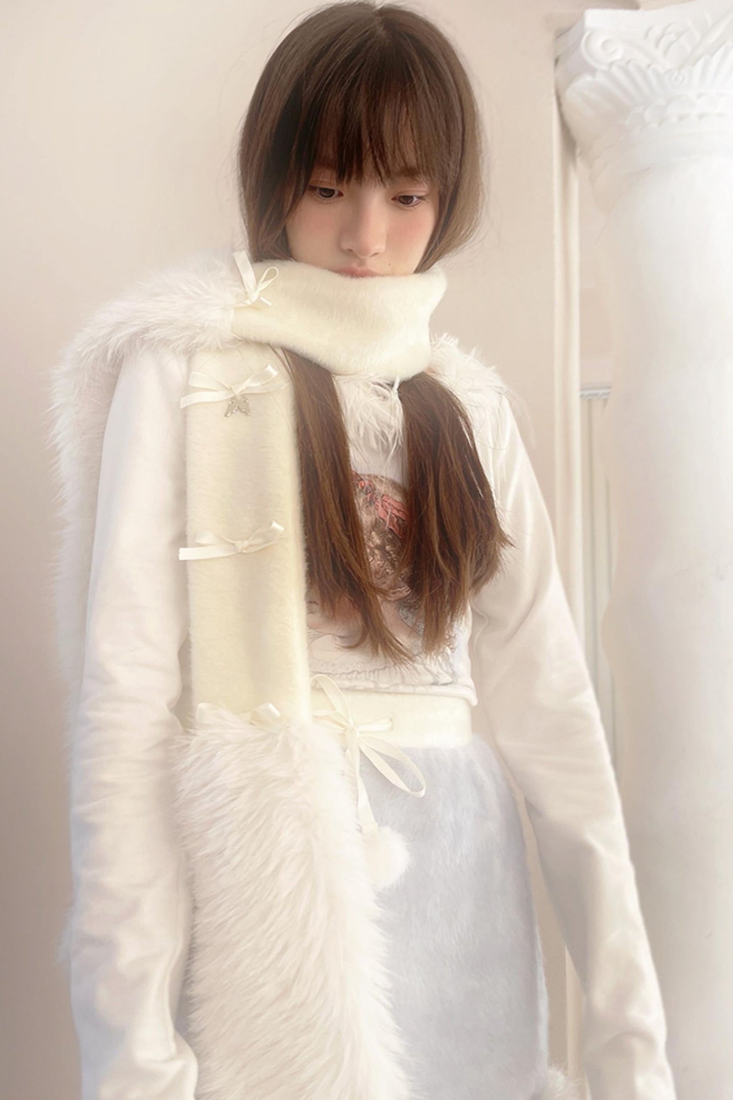 Vintage Angel Print Fur Collar Long Sleeve T-Shirt