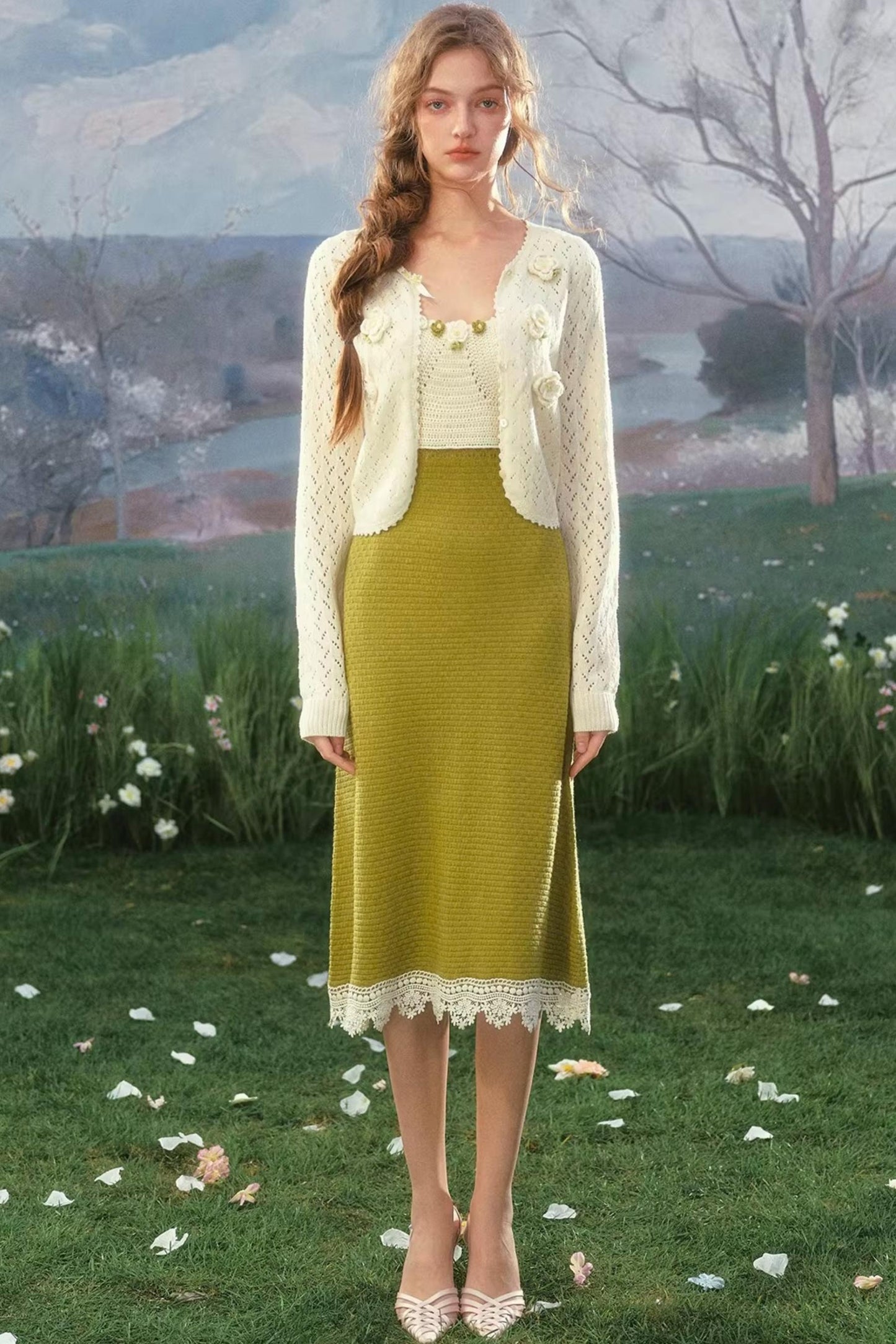French Pastoral Knit Camisole Dress Set-Up