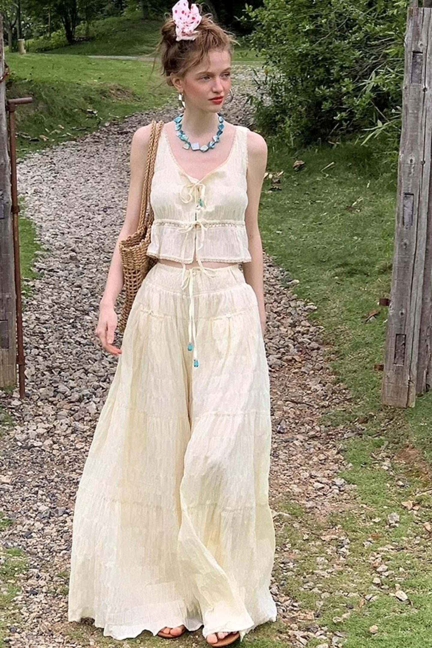 Beige Textured Lace Skirt Set-Up