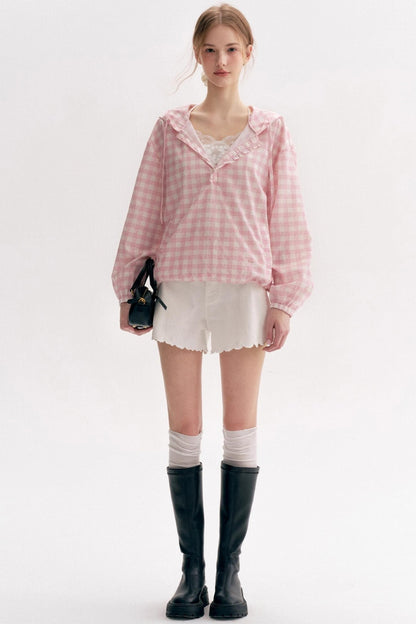 Cream Pink Plaid Lace Hooded Pullover Top