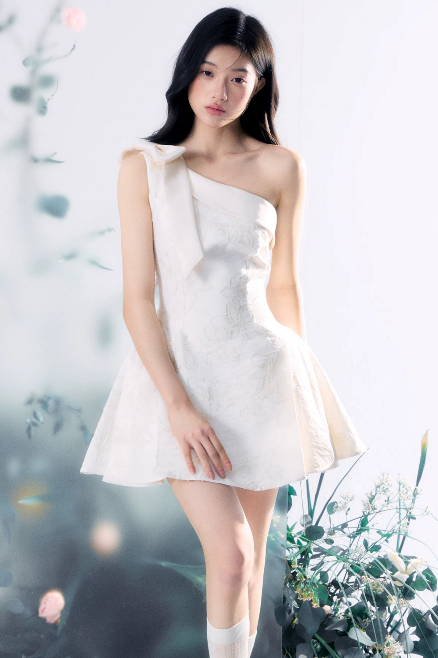 Floral Bow One-Shoulder Dress