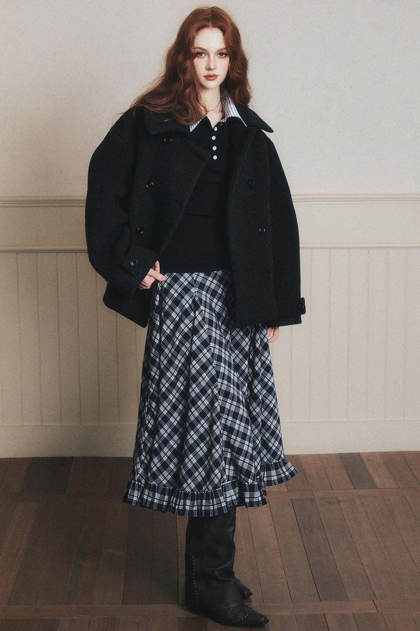 Navy Blue Check A-Line Swing Skirt
