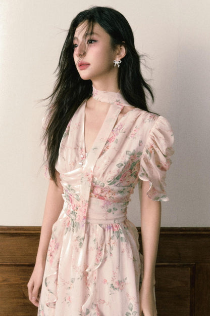 Pink Chiffon V-Neck Summer Dress