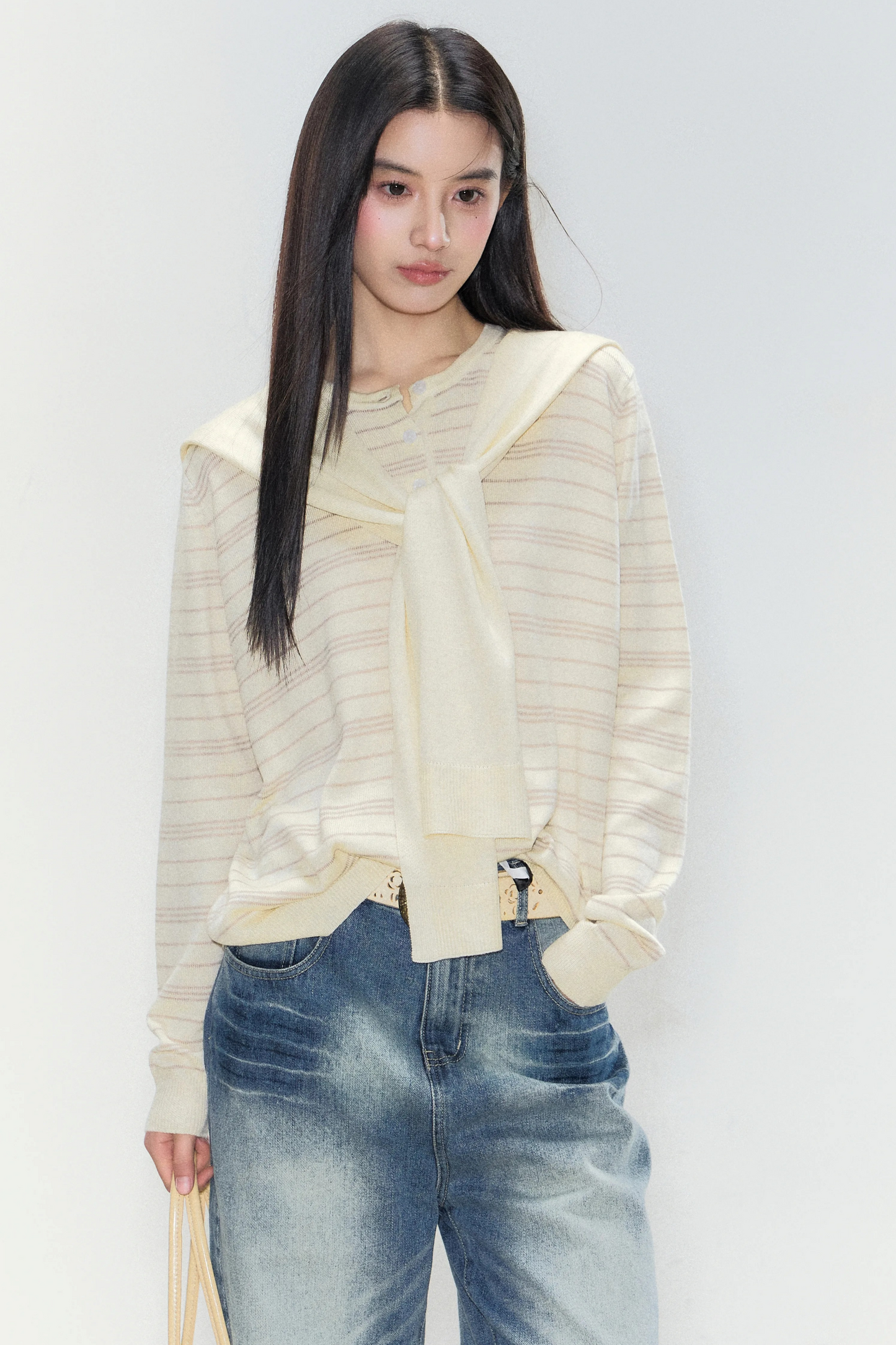 Striped Knit Shawl Sweater