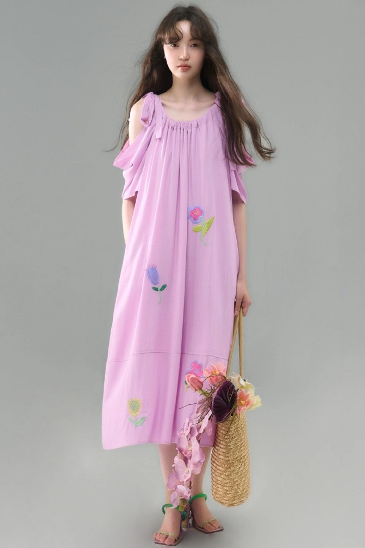 Sweet Peach Nectar Linen Embroidery Dress