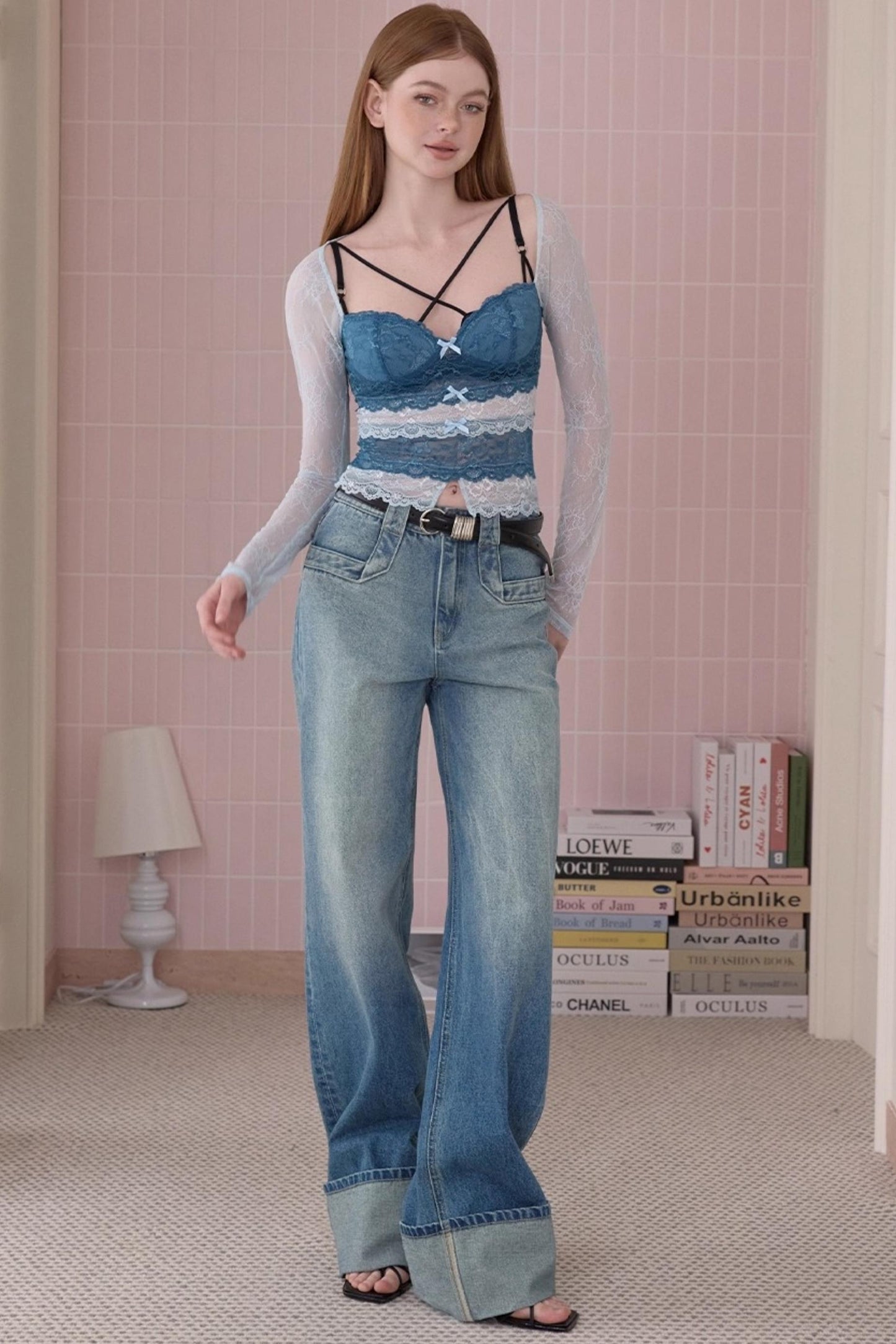 Retro Fashionable Sweet Cuffed Wide-leg Jeans