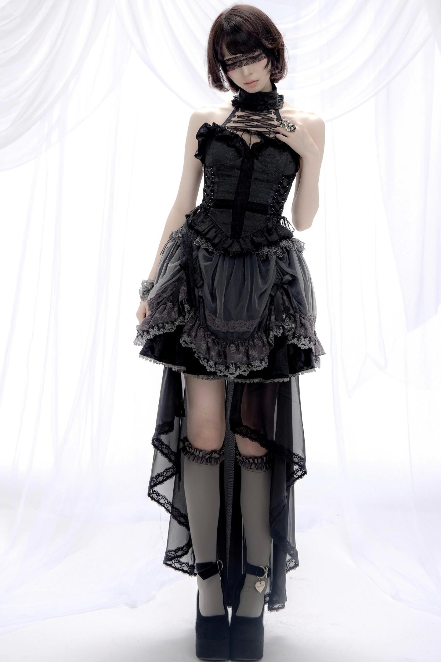 Cross Hollow Jacquard Halterneck Top Set-Up