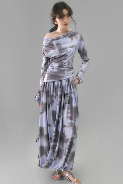 Poetic Swing Collar Print T-Shirt & Skirt Set-Up