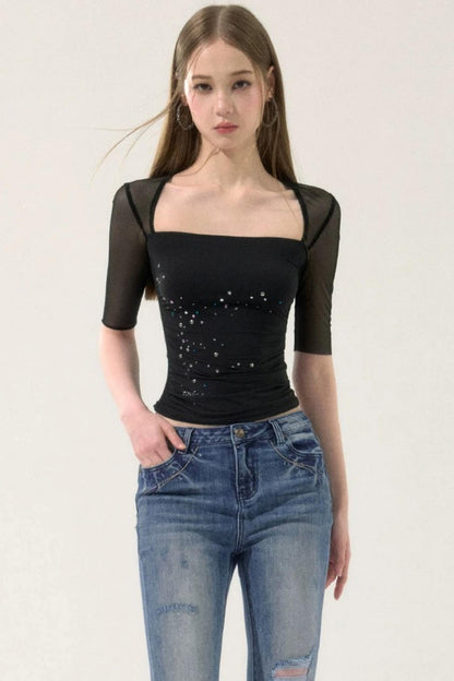 Mesh Splicing Rhinestone Top