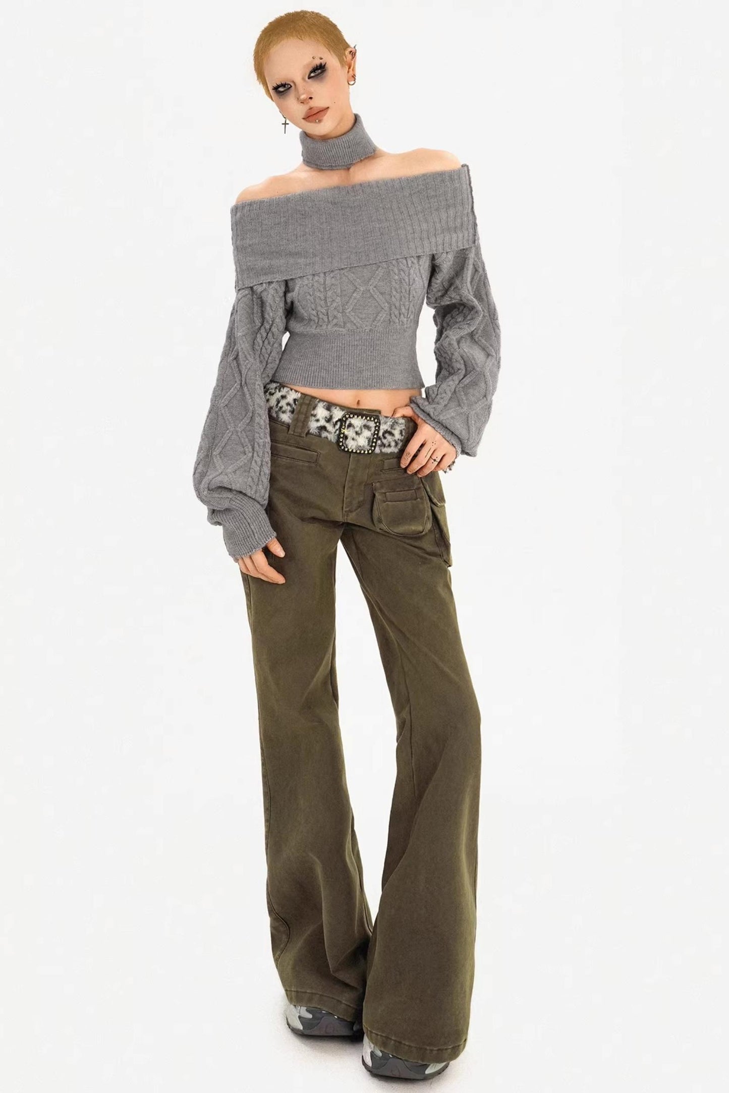 Retro Army Green Flared Pants