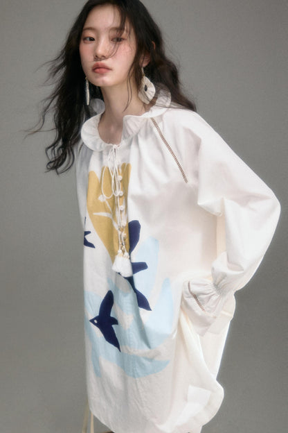 Tulip Bird Print Wood Ear Collar Long Top