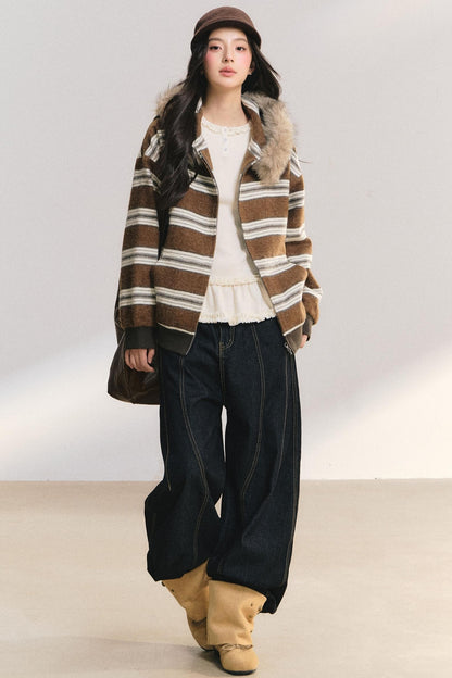Detachable Fur Collar Striped Jacket