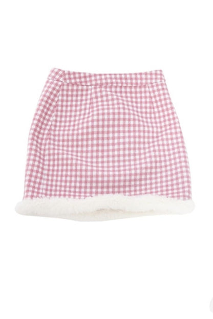 Chinese-Style Pink Wool Plaid Skirt