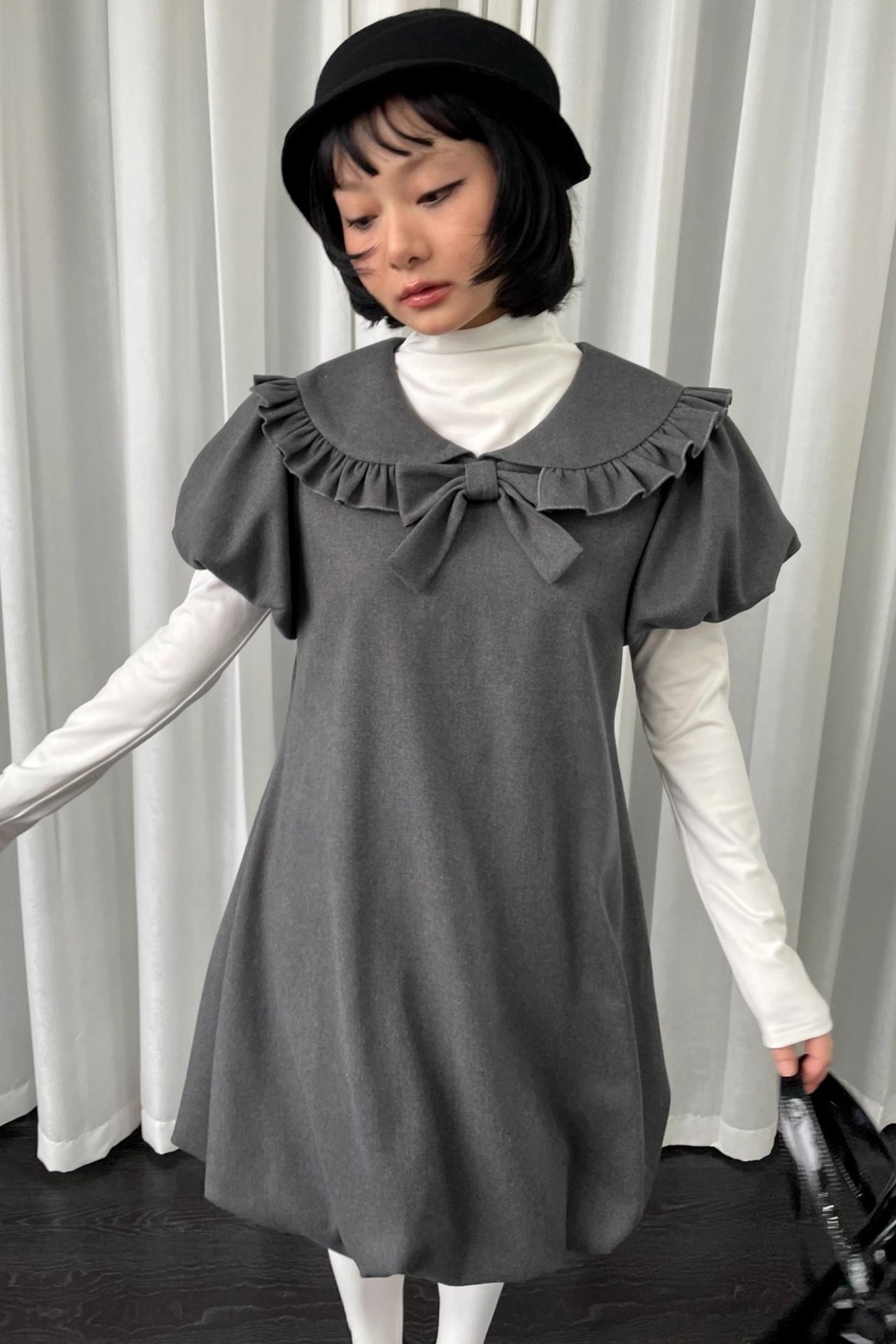 Gray Tweed Bow Lace Puff Sleeve Dress