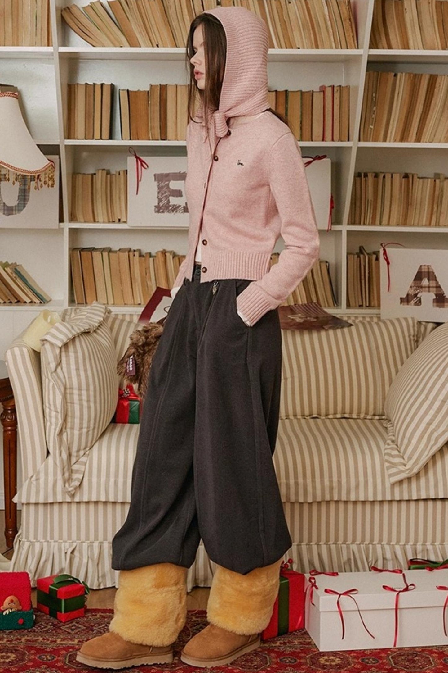 Pink Wool Hooded Cardigan