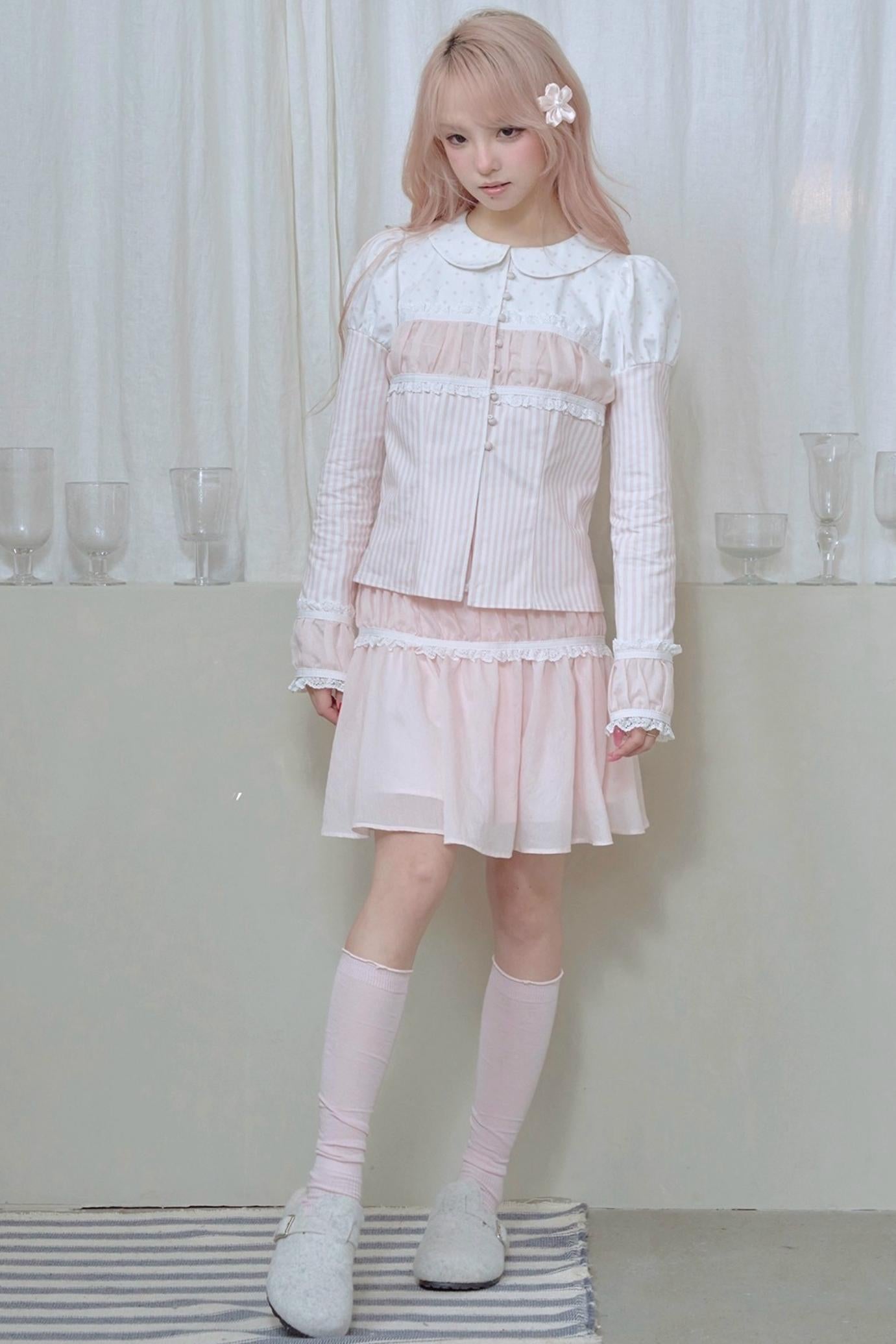 Doll Collar Stripe Lace Top