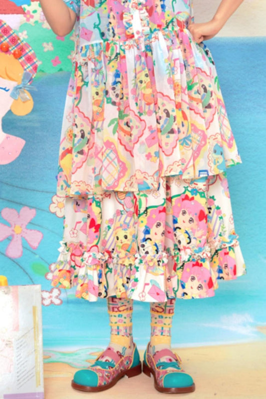 Retro Cartoon Print Lace Skirt