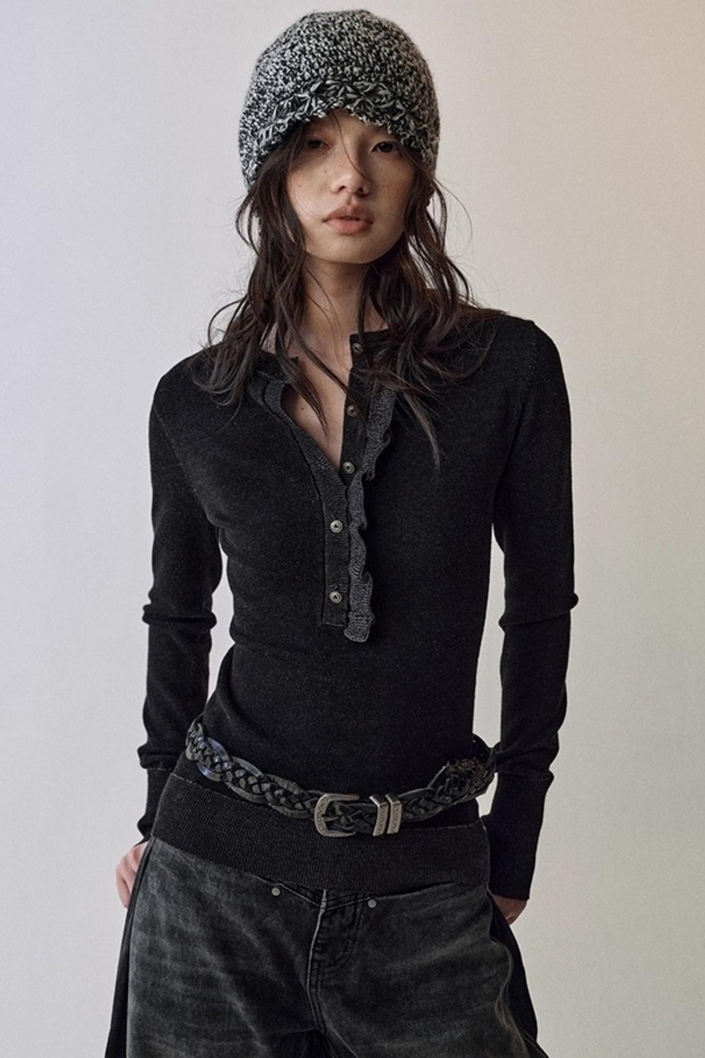 One-Sided Ruffled Crew Neck Knit Top