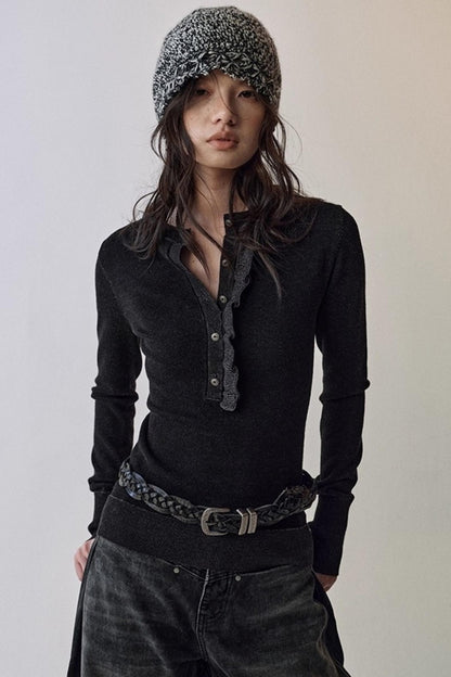 One-Sided Ruffled Crew Neck Knit Top