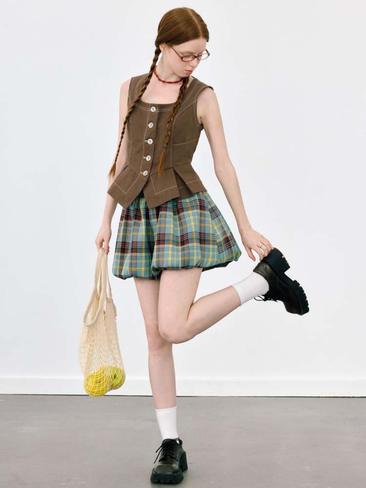 U-Neck Front Button Stitch Short Vest