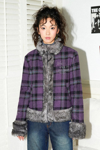 Chic Purple Plaid Wool Jacket